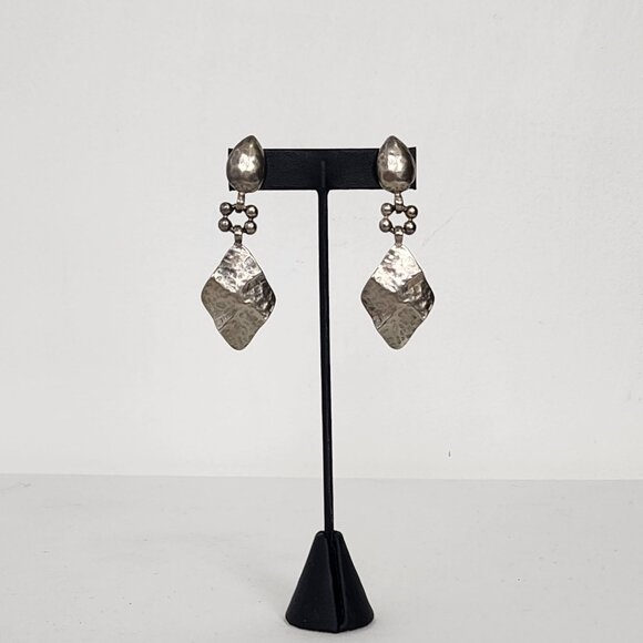 VTG Hammered Silver Brutalist Drop Earrings Artistic Unique VTG Drk Boho Grunge - Picture 3 of 10